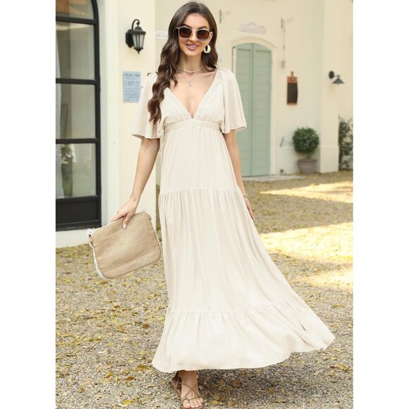 Women Summer Dress Maxi V-Neck Backless Flutter Sleeves Tiered Silhouette - Picture 8 of 9